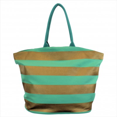 9205- MINT & GOLD STRIPES CANVAS TOTE BAG